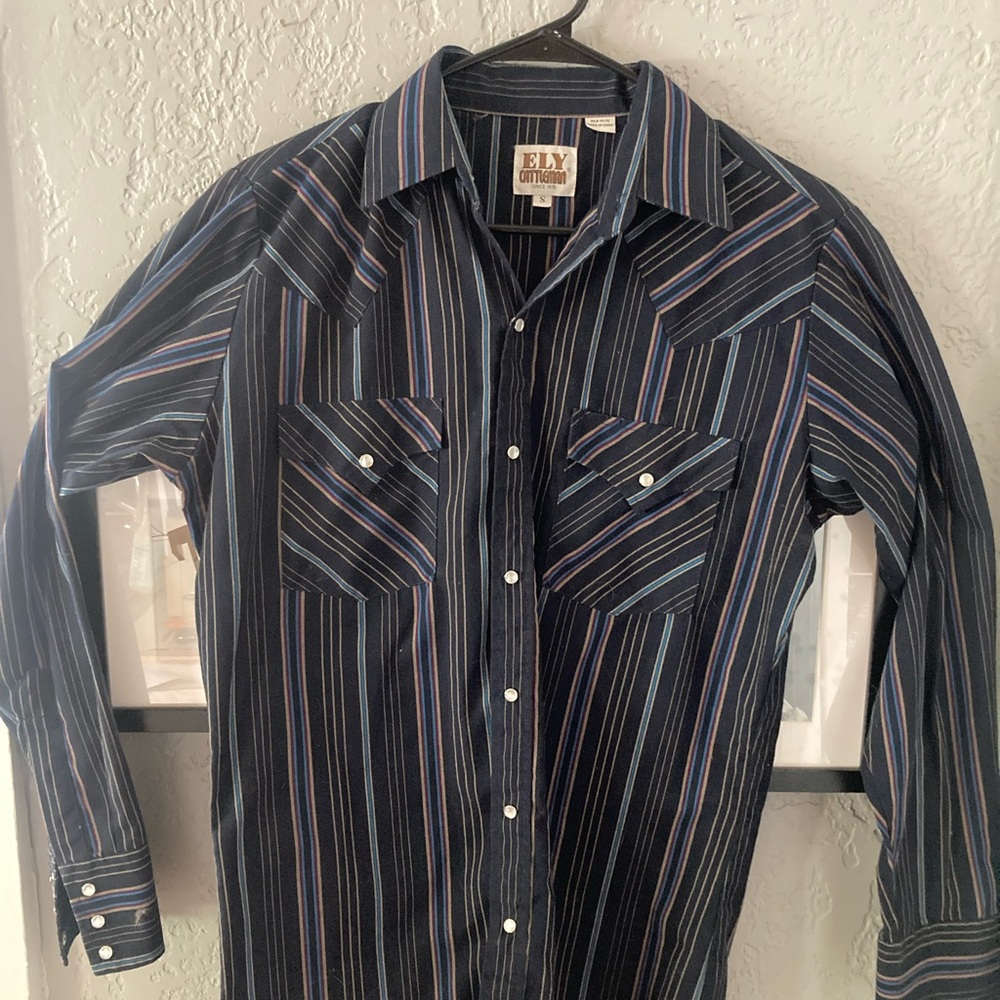 Vintage Ely Cattleman Men's Navy Striped Button Down Shirt, Western pearl snap